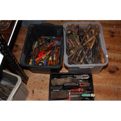 85 - Extensive collection of hand tools including brace and bits, assorted hammers and saws, boxes of spa... 