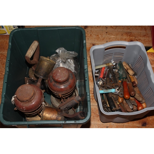 85 - Extensive collection of hand tools including brace and bits, assorted hammers and saws, boxes of spa... 