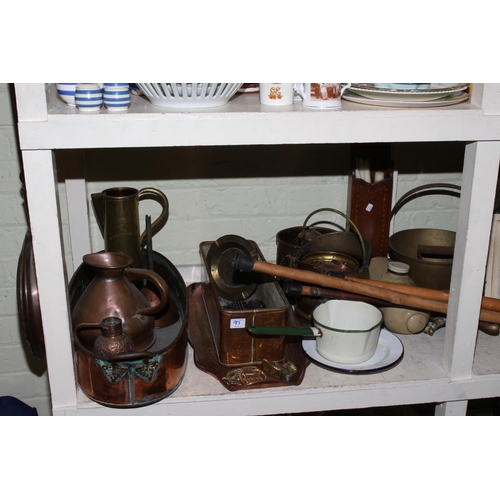 97 - Full shelf of collectables including copper and brasswares, collar boxes, inlaid candle box, jewelle... 