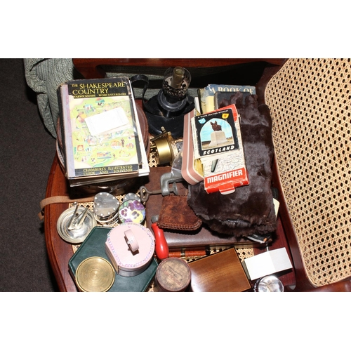 97 - Full shelf of collectables including copper and brasswares, collar boxes, inlaid candle box, jewelle... 