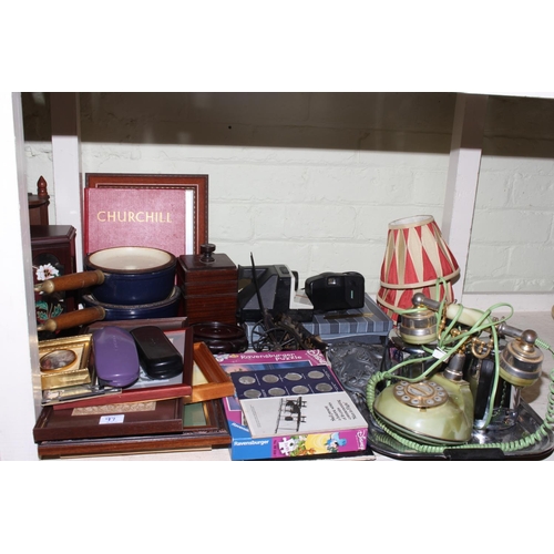 97 - Full shelf of collectables including copper and brasswares, collar boxes, inlaid candle box, jewelle... 