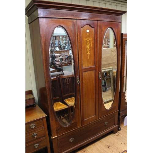 496 - Edwardian inlaid double oval mirror door wardrobe, dressing table and pair bedroom chairs, wardrobe ... 