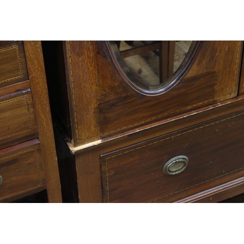 496 - Edwardian inlaid double oval mirror door wardrobe, dressing table and pair bedroom chairs, wardrobe ... 