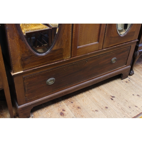 496 - Edwardian inlaid double oval mirror door wardrobe, dressing table and pair bedroom chairs, wardrobe ... 