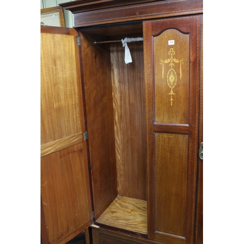 496 - Edwardian inlaid double oval mirror door wardrobe, dressing table and pair bedroom chairs, wardrobe ... 