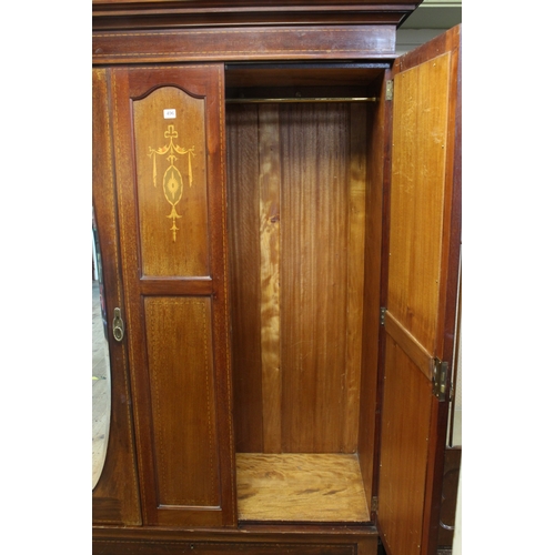 496 - Edwardian inlaid double oval mirror door wardrobe, dressing table and pair bedroom chairs, wardrobe ... 