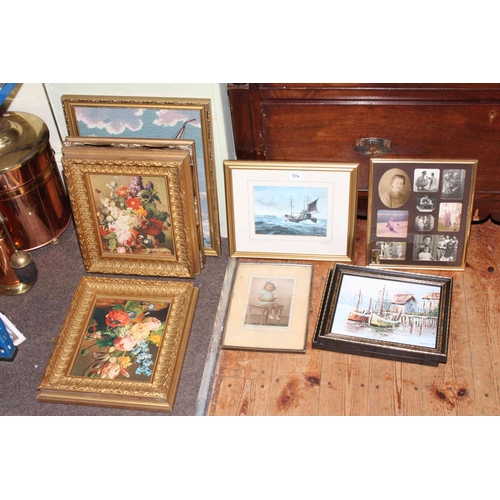 374 - Derek Adams two framed watercolours, gilt framed painting on glass, pair fretwork photographs, two E... 