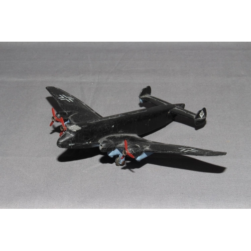 106 - Wartime Issue Dinky 67a Junkers JU 89 Heavy Bomber with glide hole.  Original paint missing 1 prop a... 