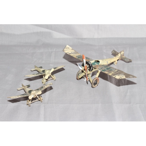 17 - Three early French tinplate Mono planes.  1 being larger scale.   Very Good.