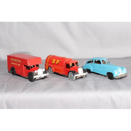 34 - 3 x Wells Brimtoy Pocketoy.  Removal Van, Saloon Car and BP Tanker.   Very Good unboxed, clockwork m... 