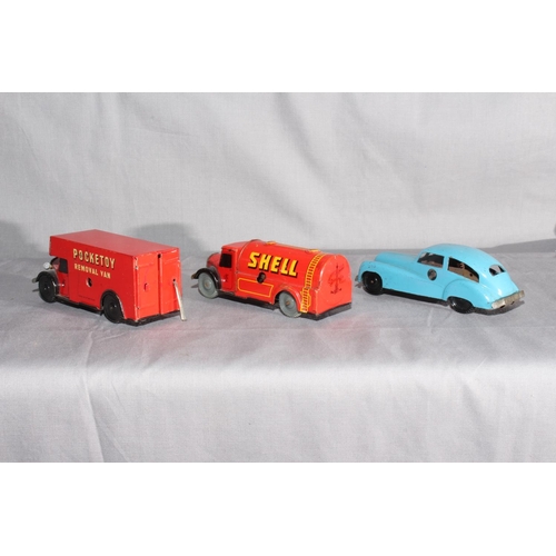 34 - 3 x Wells Brimtoy Pocketoy.  Removal Van, Saloon Car and BP Tanker.   Very Good unboxed, clockwork m... 