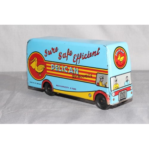 35 - Wells Brimtoy friction drive tinplate Removal Van with up and over door ''Pelican''.  Excellent unbo... 