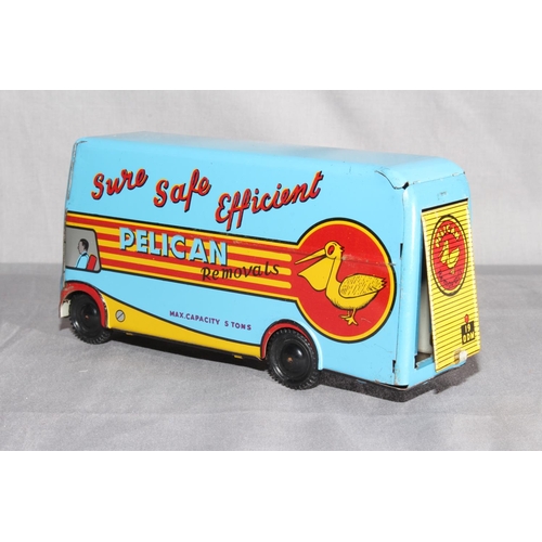 35 - Wells Brimtoy friction drive tinplate Removal Van with up and over door ''Pelican''.  Excellent unbo... 