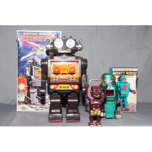 55 - SH Japan battery operated Fighting Robot, Mighty Robot and unknown loose plastic Robot.  Excellent i... 