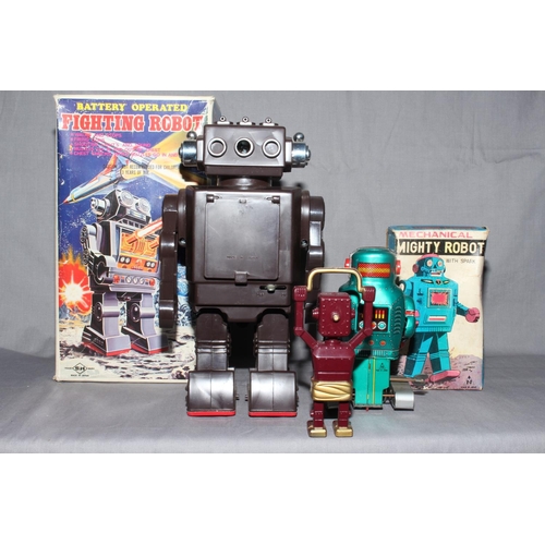 55 - SH Japan battery operated Fighting Robot, Mighty Robot and unknown loose plastic Robot.  Excellent i... 