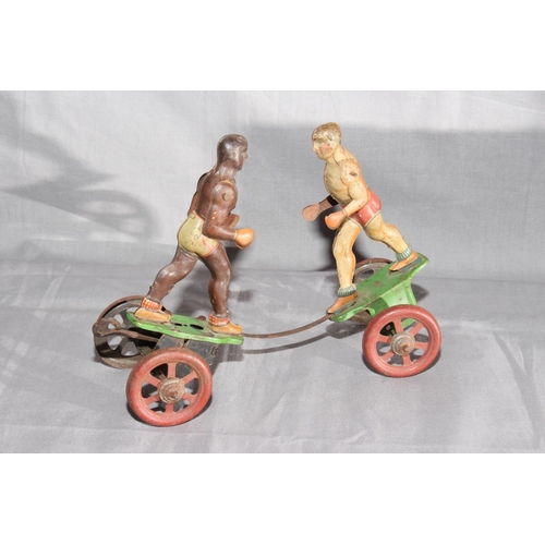 6 - Gerbruder Einfalt tinplate clockwork Boxing Figures.   Original paint.  Excellent clockwork motor wo... 