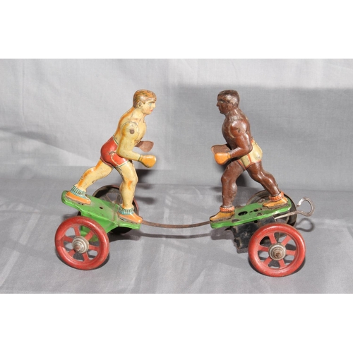 6 - Gerbruder Einfalt tinplate clockwork Boxing Figures.   Original paint.  Excellent clockwork motor wo... 