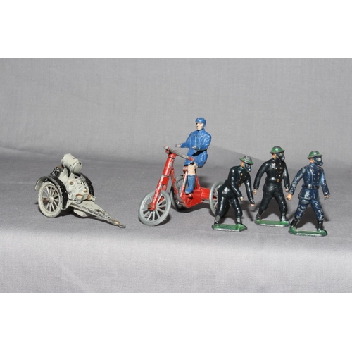 69 - Taylor & Barrett Decontamination figures, SA Angasee Schoolboy on Tricycle plus Britains Marines and... 