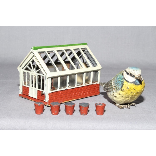 72 - Britains Garden Green House complete with plant pots and Shed.  Plus cold painted terrier dog and Bl... 