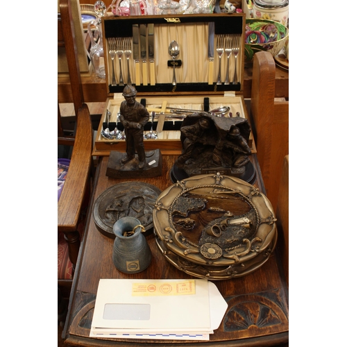 125 - Part canteen of cutlery, three Channel Tunnel bronze effect models, two nautical theme plaques and v... 