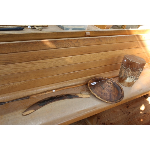 133 - African Warrior shield, skin drum, boomerang and bamboo spear (4).