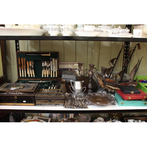 138 - Part canteen of cutlery, silver plated ware, galleon, etc.