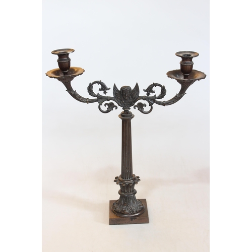 149 - 19th century bronze two branch winged mask candelabrum, 46cm.