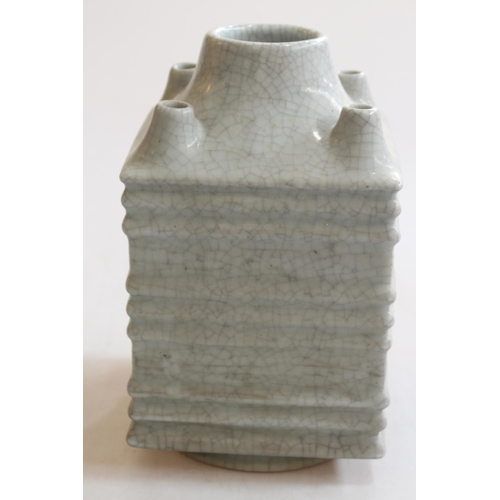 162 - Chinese heavy crackle glazed ribbed square section vase, blue mark to base, 28cm.