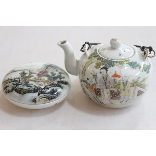 172 - Chinese porcelain teapot with figure decoration, and inkpot (2).