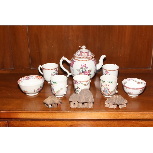 172A - 18th Century teapot and two matching cups, three further cups, two tea bowls, etc.