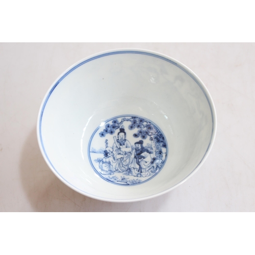 173 - Chinese blue and white bowl with elders decoration, six character mark, 16cm diameter.