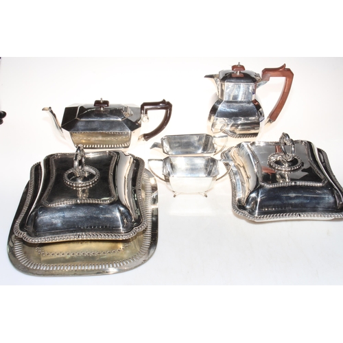 25 - Pair of silver plated entree dish, 1930's EP tea set and pierced tray.