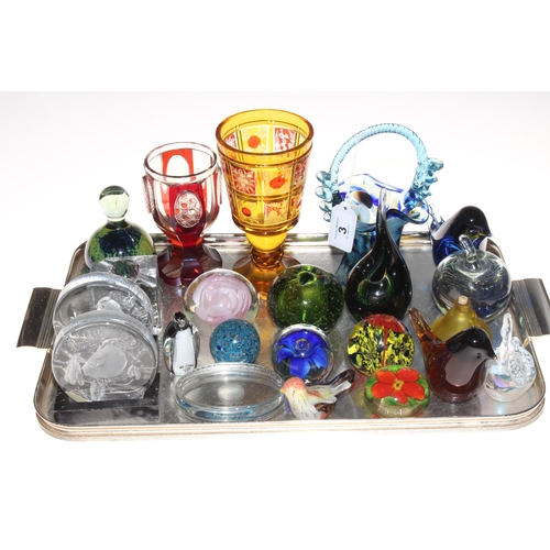 3 - Collection of glass paperweights, Bohemian amber goblet, another overlay goblet and basket.