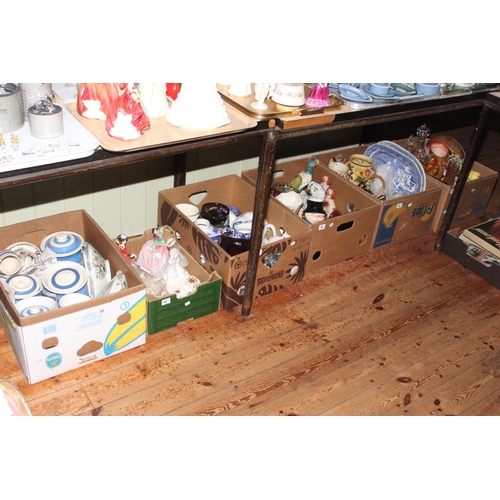 32 - Five boxes with decorative wares including Ringtons, Staffordshire, Greens storage jars, etc, etc.