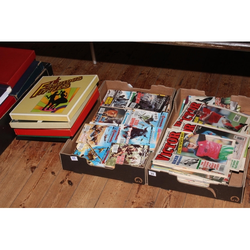 33 - Two boxes of Victor and Commando magazines, bird book, LP records, etc.