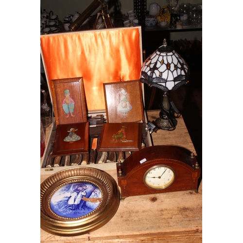 43 - Horn handled steak knives, forks and servers, inlaid clock, Tiffany style table lamp, Dutch children... 
