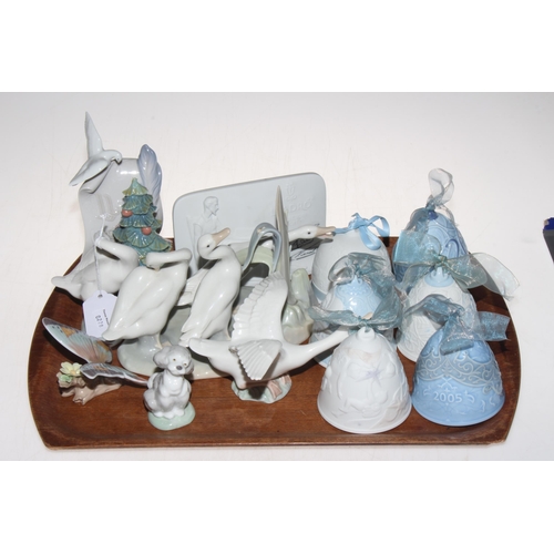 5 - Collection of fourteen Lladro pieces including six bells, butterfly, swans and name plaques.