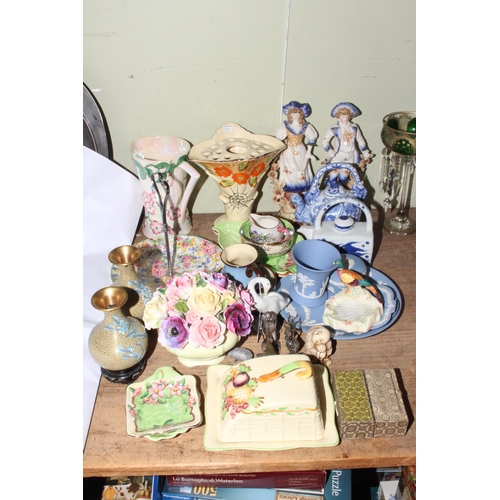 52 - Collection of decorative wares including pair cloisonne vases, Maling, pair figures, Wedgwood, etc.