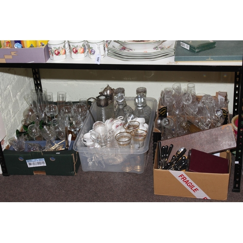 107 - Eleven boxes of glass and china, carboy, demi-johns, camera equipment, collection of shells, stone j... 