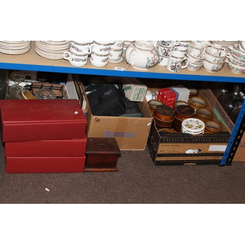 107 - Eleven boxes of glass and china, carboy, demi-johns, camera equipment, collection of shells, stone j... 