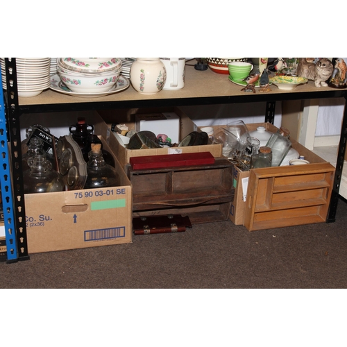 107 - Eleven boxes of glass and china, carboy, demi-johns, camera equipment, collection of shells, stone j... 