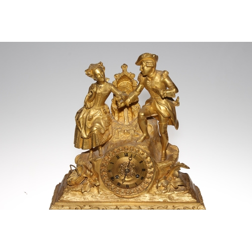 150 - 19th Century decorative ormolu mantel clock, the circular dial with gallant and maiden figures, 50cm... 