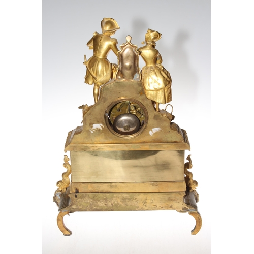 150 - 19th Century decorative ormolu mantel clock, the circular dial with gallant and maiden figures, 50cm... 