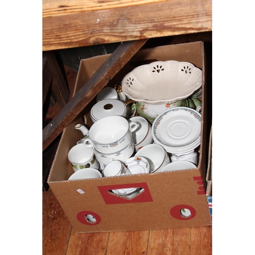 44 - Five boxes of teawares, glassware, Wedgwood and Worcester cake plates, Worcester Evesham flan dish, ... 