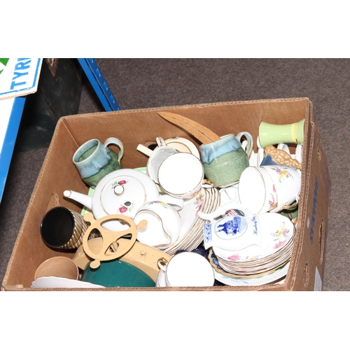 81 - Three boxes of assorted china including Empire dinnerware, Regent teaware, pair of Katzhutte figures... 