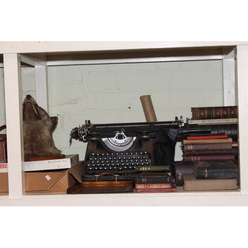 91 - Full shelf of collectables including slate mantel clock, copper and brass coal scuttles, metalwares,... 