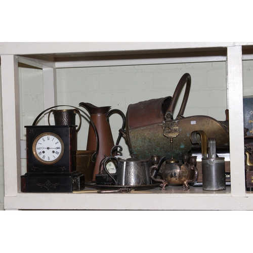 91 - Full shelf of collectables including slate mantel clock, copper and brass coal scuttles, metalwares,... 