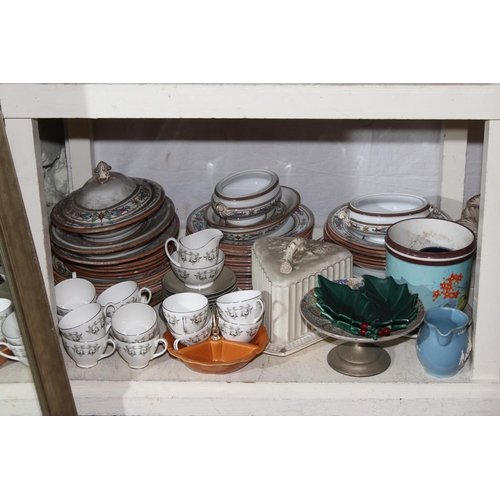 99 - Full shelf of glass and china including Victorian dinnerwares, toilet jug and bowl, Stilton cover an... 