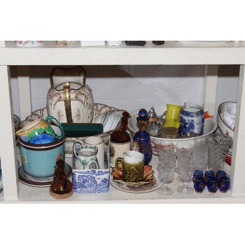 99 - Full shelf of glass and china including Victorian dinnerwares, toilet jug and bowl, Stilton cover an... 