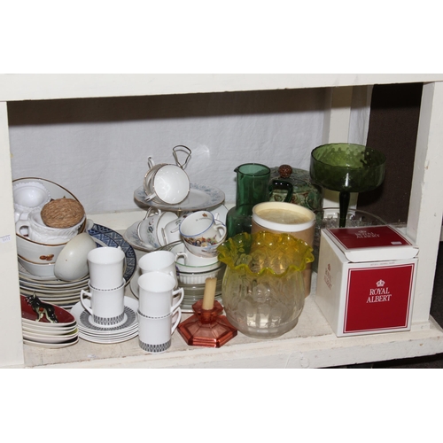 99 - Full shelf of glass and china including Victorian dinnerwares, toilet jug and bowl, Stilton cover an... 